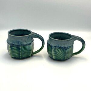 Art Pottery Coffee Mugs Set of 2 Glazed Blue & Green Ribbed Signed Danee?